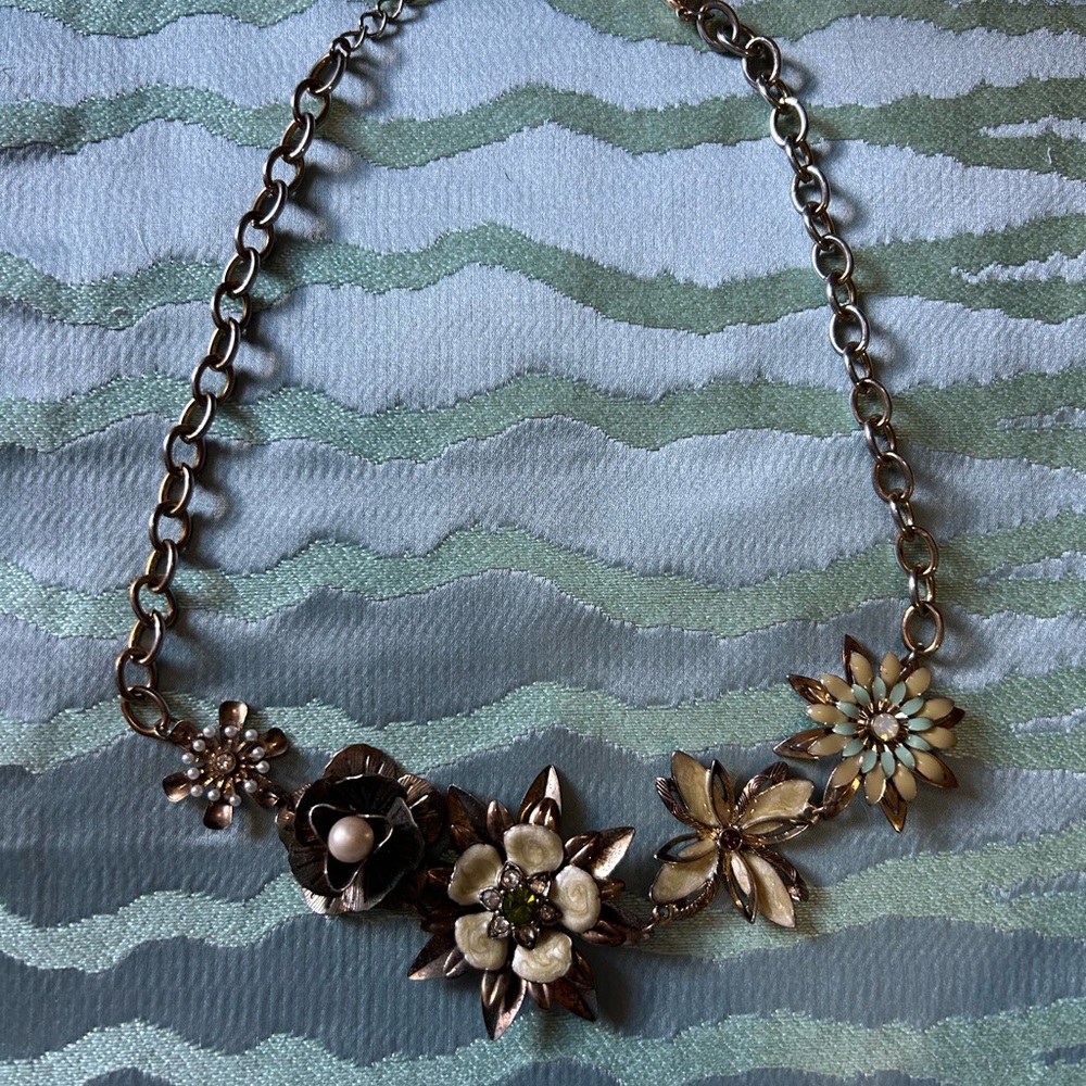 Floral Statement Necklace in Gold and Cream Anthropologie Vintage